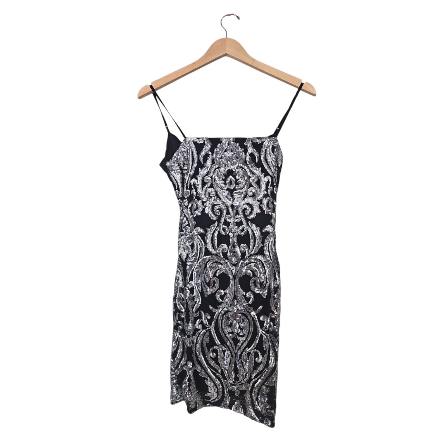 Black And Silver Mini Dress With Spaghetti Straps Tie Back By BSmart Black and silver mini dress with spaghetti straps tie back by bsmart