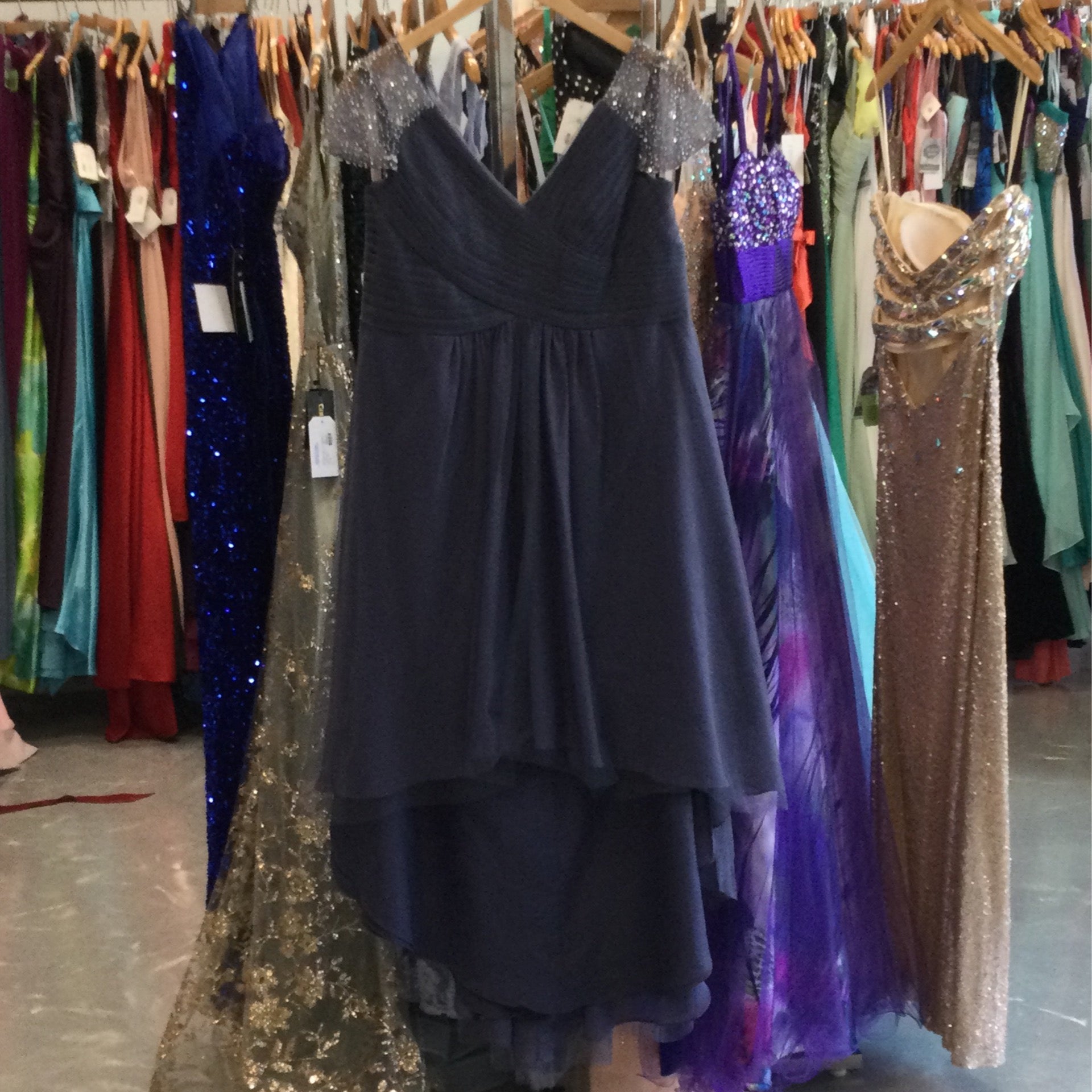 Stormy Blue Tulle Beaded Cap Sleeve Empire Hi Low dress by JJs House Size  XL | ReWed Bridal
