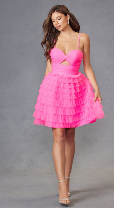 Juliet dress neon pink ruffle short homecoming dress aline with keyhole top strapless (Size 4)