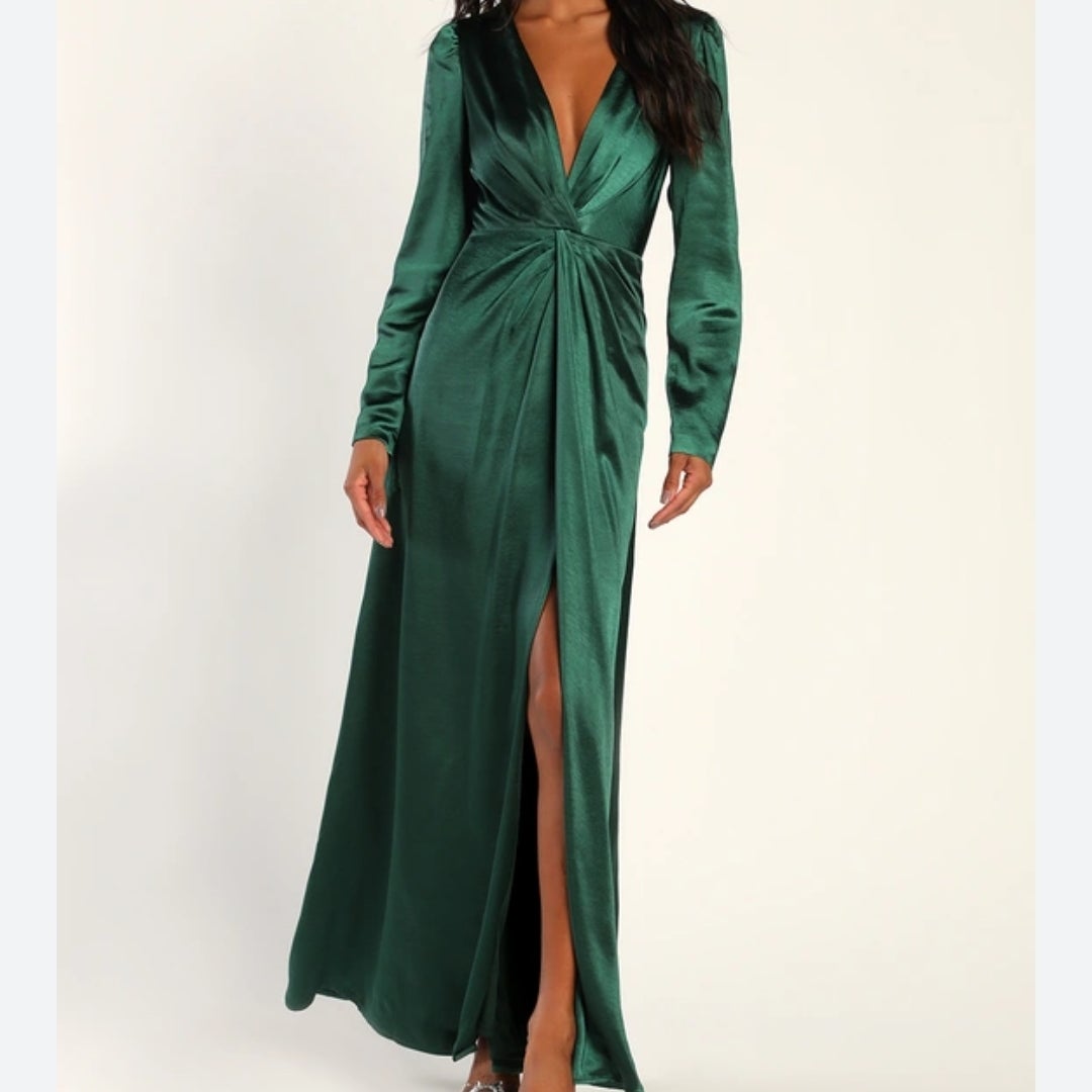 Emerald Green Long Sleeve Satin Front Rouched Maxi Dress w/slit by Lulu's