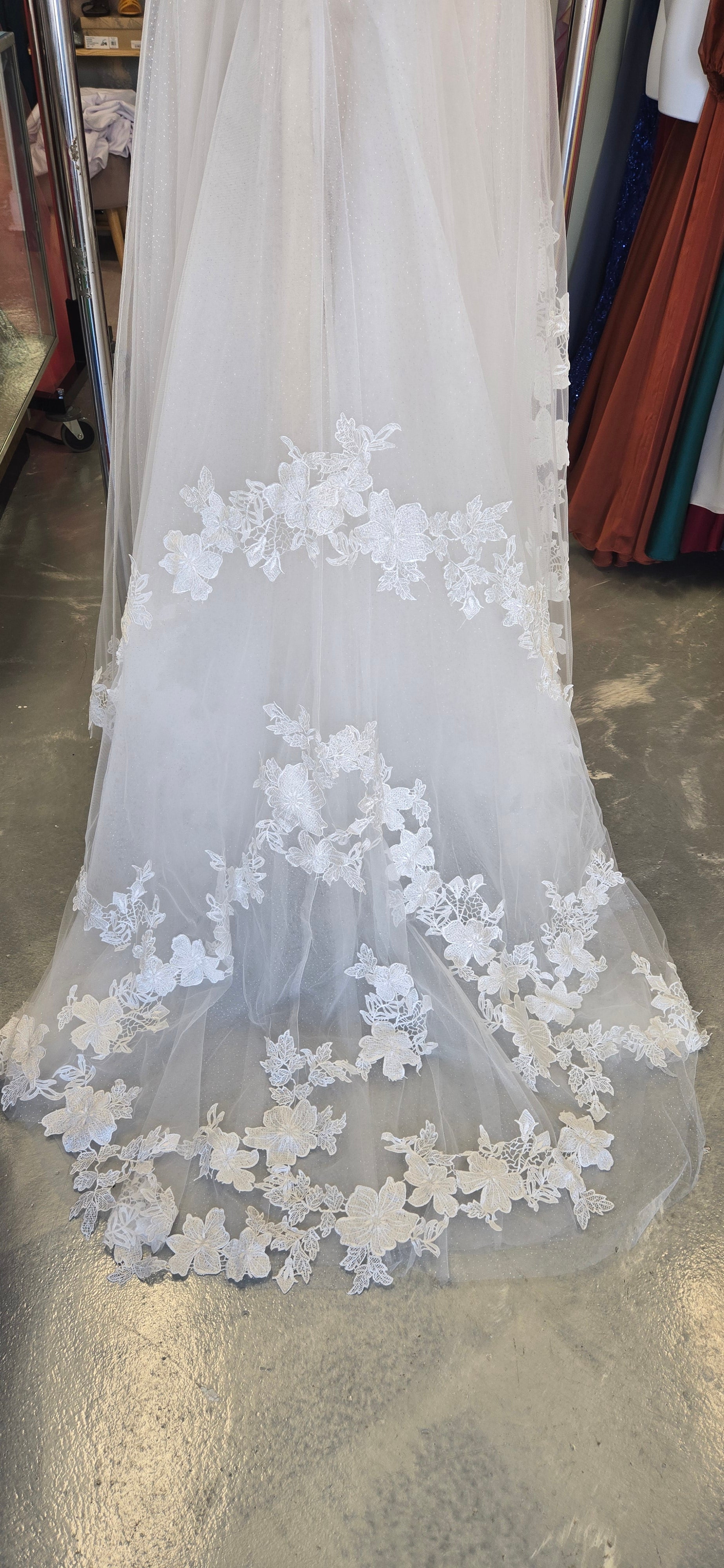 Champagne Glitter Floral Embroidered Drop V Sleeveless Tulle Wedding Dress (Size 6)