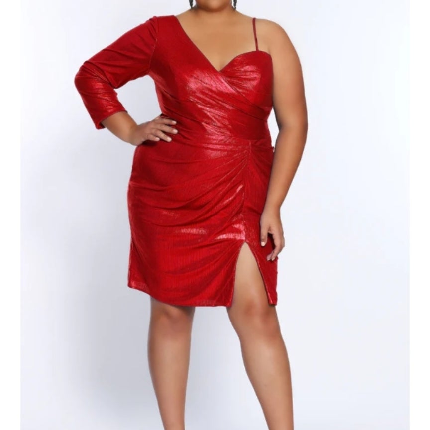 45562123 - RUBY RED ONE SLEEVE SHIMMER BODY CON SHORT - SYDNEYS CLOSET ...